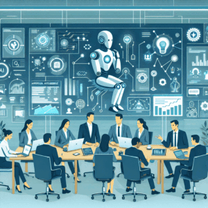 צוות עובדים ומנהלים בארגון מודרני משתמשים בכלים דיגיטליים ובמערכות AI לשיפור תהליכים עסקיים ולהשגת יתרון תחרותי דרך הטמעת בינה מלאכותית בארגונים