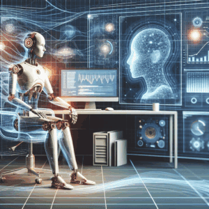 רובוט אינטיליגנטי יושב ליד מחשב בחלל עבודה עסקי ומנתח נתוני מסכים, המסמל את בניית סוכן AI עם GPT לשדרוג האוטומציה והיעילות בעסק