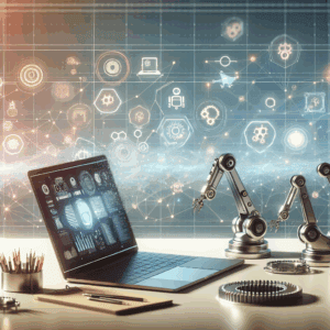 שולחן עבודה מודרני עם מחשב נייד שעל המסך אייקונים הקשורים לאוטומציה כגון גלגלי שיניים, זרוע רובוטית ודיאגרמות זרימה, מוקף באלמנטים דיגיטליים שממחישים את תחום לימודי האוטומציה