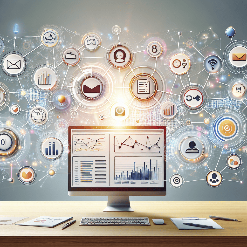 אייקונים של אוטומציה שיווקית דיגיטלית כגון אימייל, צ'אטבוט, תרשימי ניתוח ולוח זמנים, מחוברים לממשק ניהול מרכזי על רקע מודרני ונקי – מייצג דוגמאות לאוטומציה שיווקית ושיפור תוצאות עסקיות